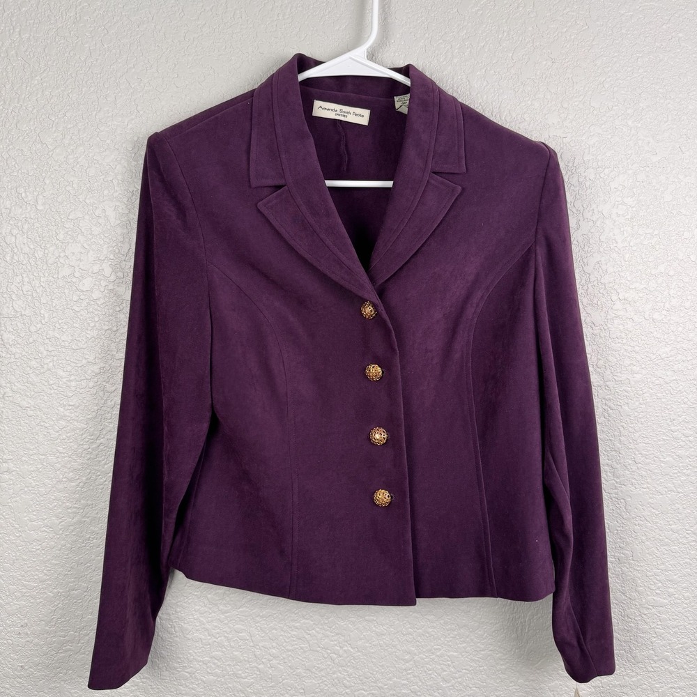 Amanda Smith Petite Blazer Womens 4P Purple Gold Button Stretch Jacket Dressy